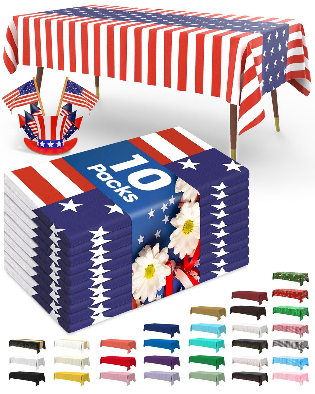 Patriotic Plastic Table Cloth Disposable 10 Pack，American Flag