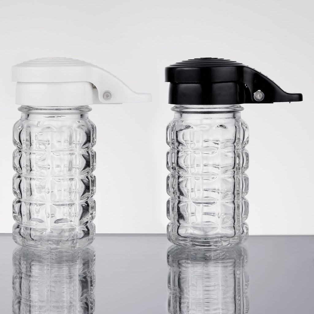 Moisture Proof Salt & Pepper Shakers - 1.5 Oz - Glass w/Black & White Lids Spring Loaded, No Clog, Set of 2