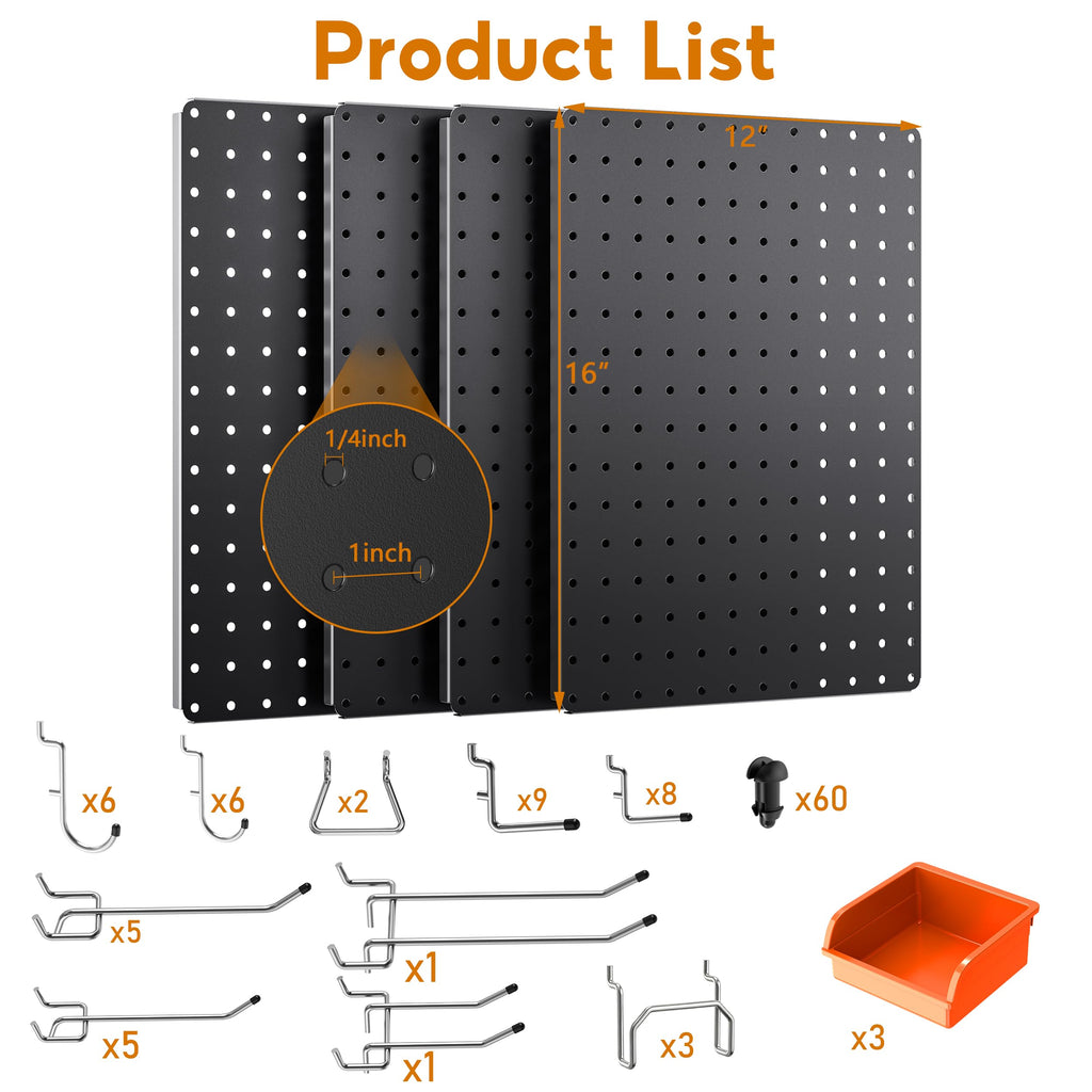 Peg Board, 4 Pack Black PegBoard Panels with 106 Accessories