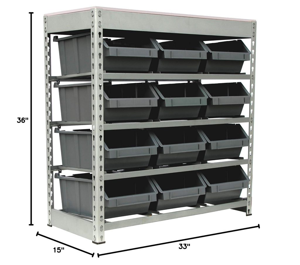 Bin Rack Boltless Steel Storage System Organizer w/ 12 Plastic Bins in 4 tiers