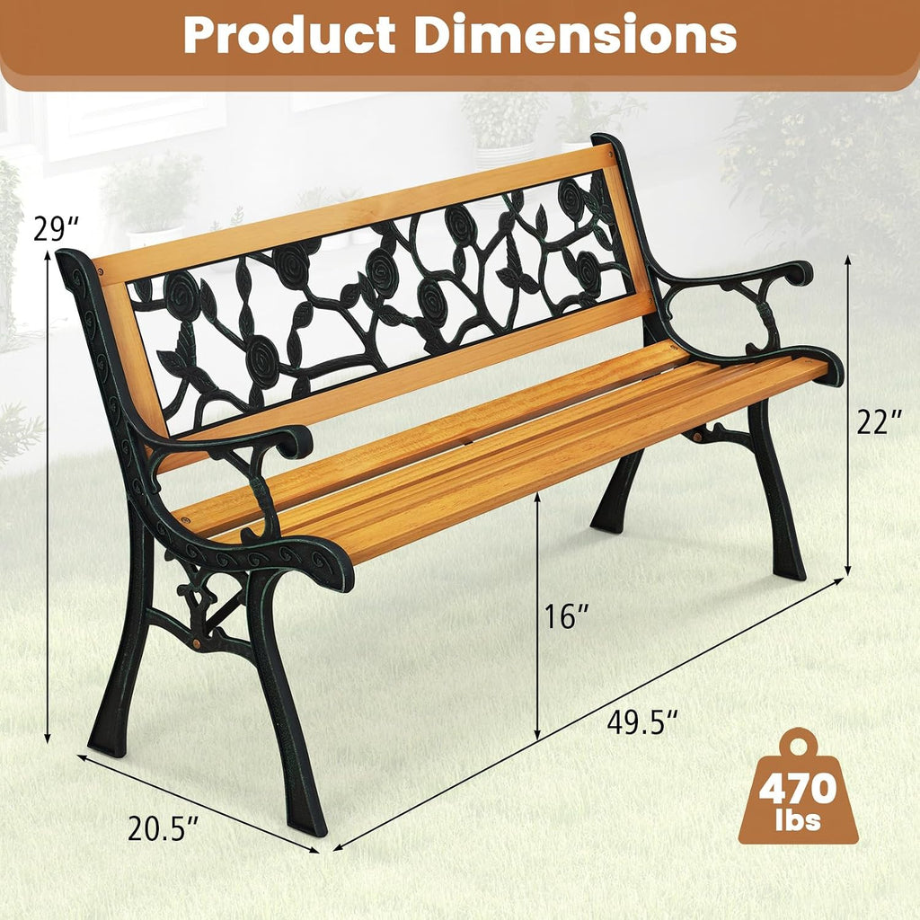 Outdoor Garden Bench Park Bench, Patio Iron Bench Chair with Cast Iron & Hardwood Structure, Weather Proof Porch