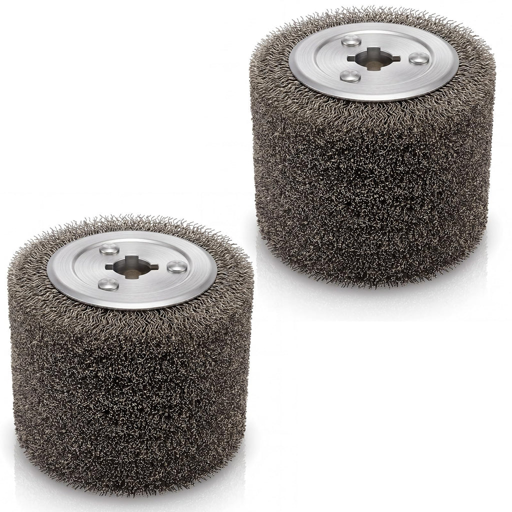 Tudomro 2-Pack Stainless Steel Wire Brush Drum Surface Conditioning Tool, 4.7" x 4" Drawing Wheel for Wood Texturing Rust Removal Metal Polishing Grinding 3/4 Quad Keyway Abrasive Burnishing Wheel