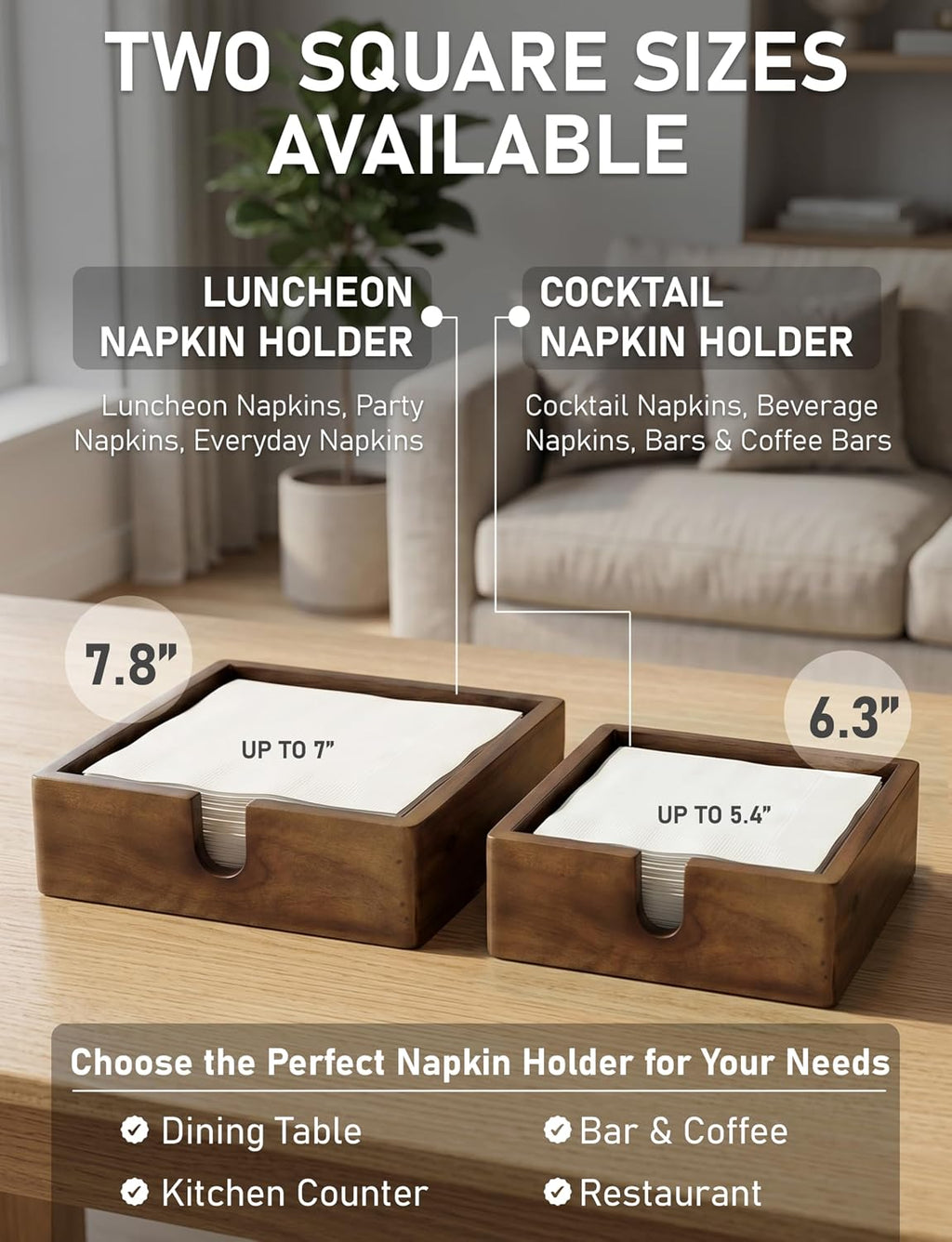 Acacia Wood Cocktail Napkin Holder 5.4 in, Square Bar Napkin Tray
