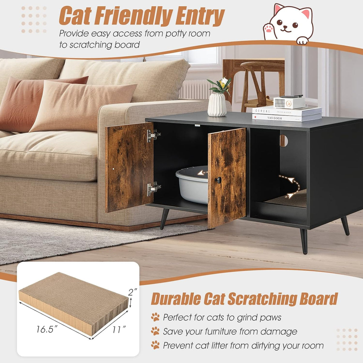Litter Box Enclosure, Wooden Hidden Litter Box Furniture with Cabinet & Scratching Pad, Stackable Cat Washroom Pet