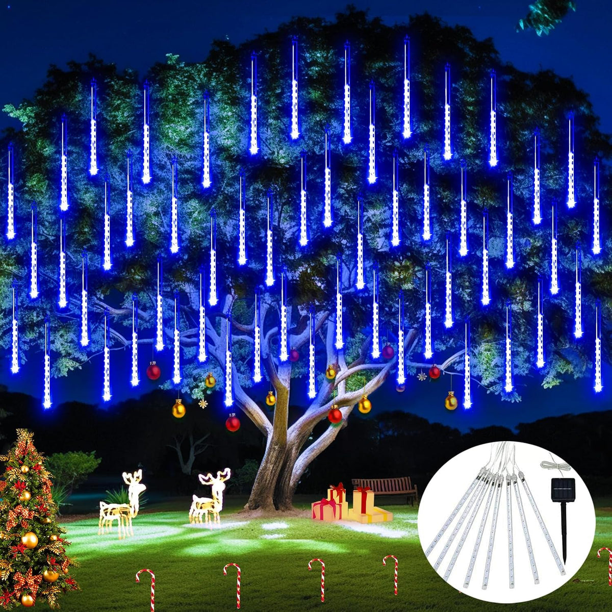 Solar Lights for Outdoor Decor, Solar Meteor Shower Lights Outdoor | 8 Tube 144 LEDs , Hanging Blue Christmas Lights