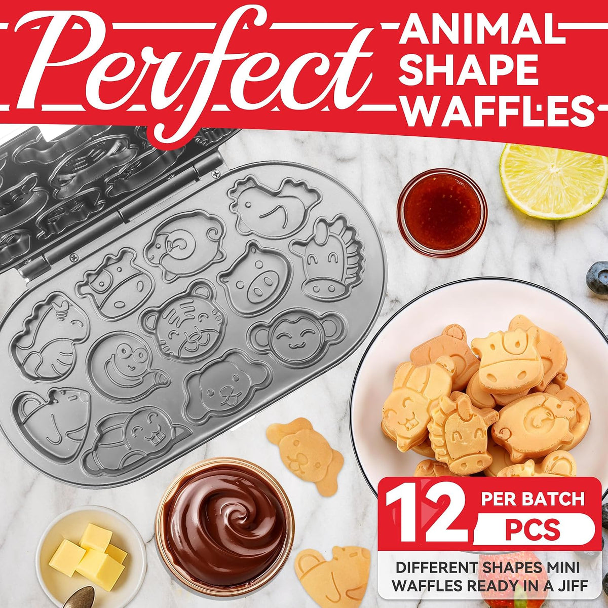 Animal Mini Waffle Maker for Kids, Mini Pancakes Maker Machine with 12 Different Animal Pancake Molds, Small Waffle