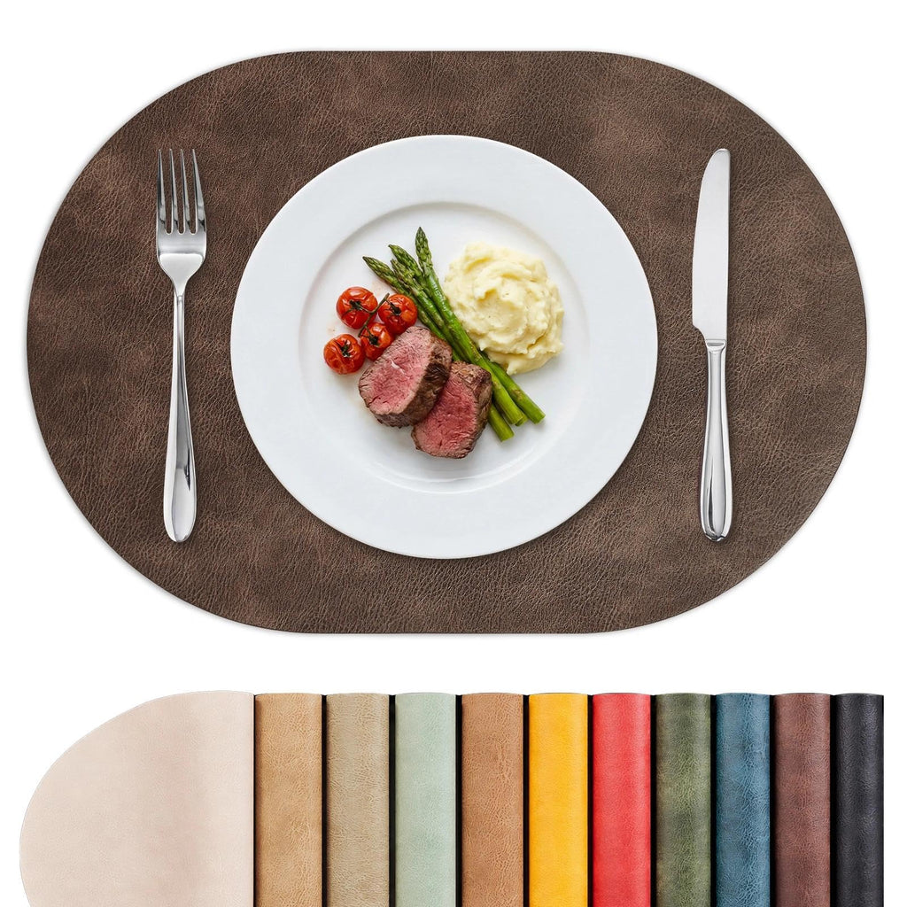 Vinyl Faux Leather Oval Placemats, Set of 6, Coffee