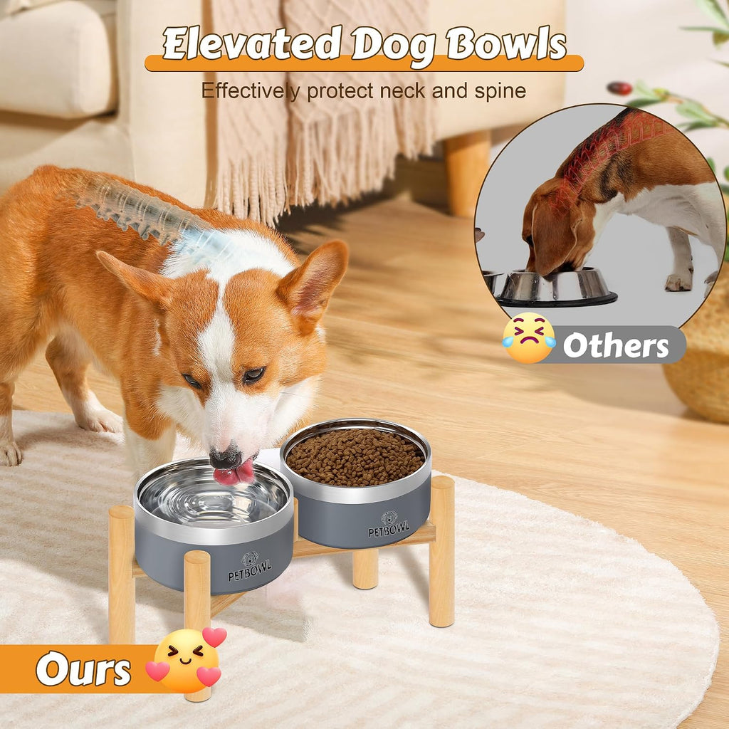 27oz Elevated Stainless Steel Dog Bowls Non-Slip Wooden Stand Grey