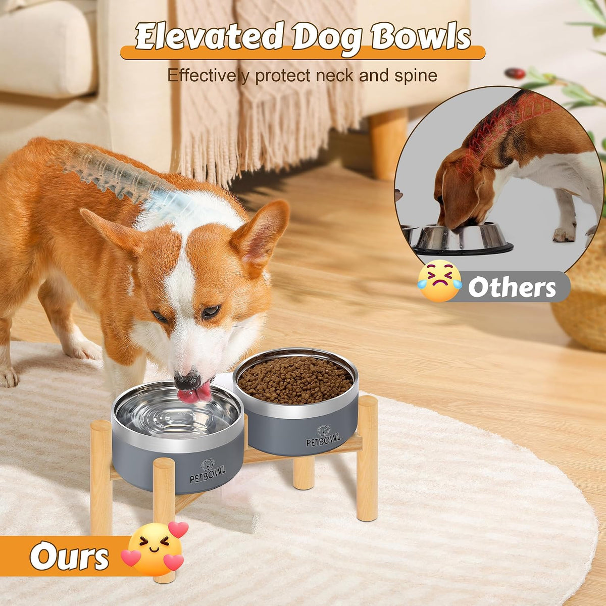 27oz Elevated Stainless Steel Dog Bowls Non-Slip Wooden Stand Grey