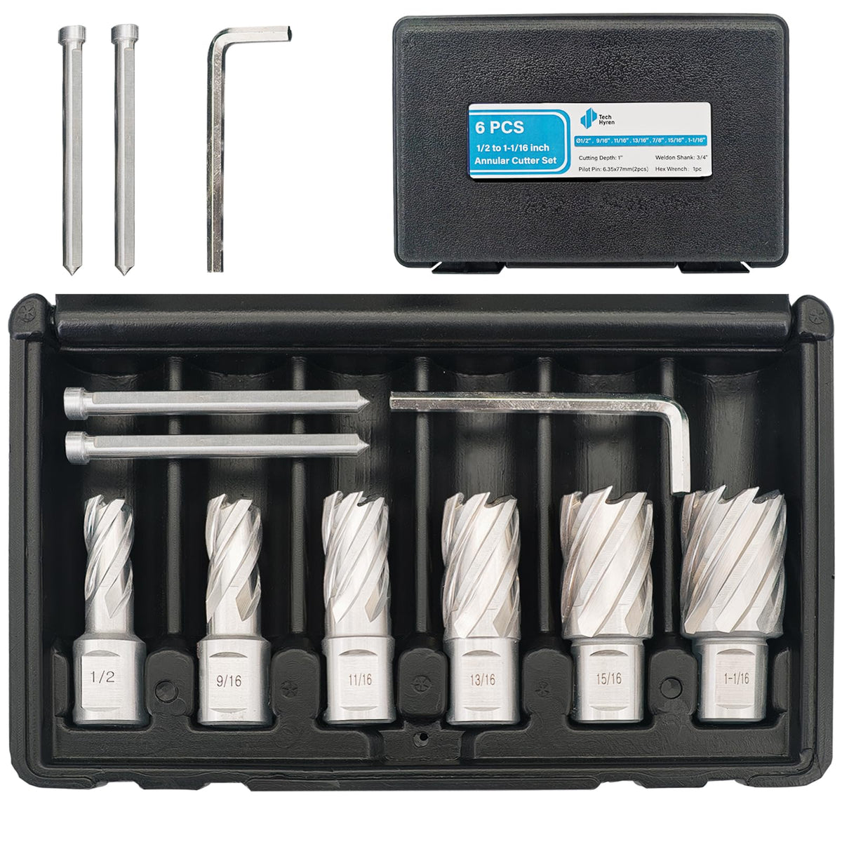 6pcs M2 HSS Annular Cutter Set 1" Depth 1/2"-1-1/16" 3/4" Weldon Shank