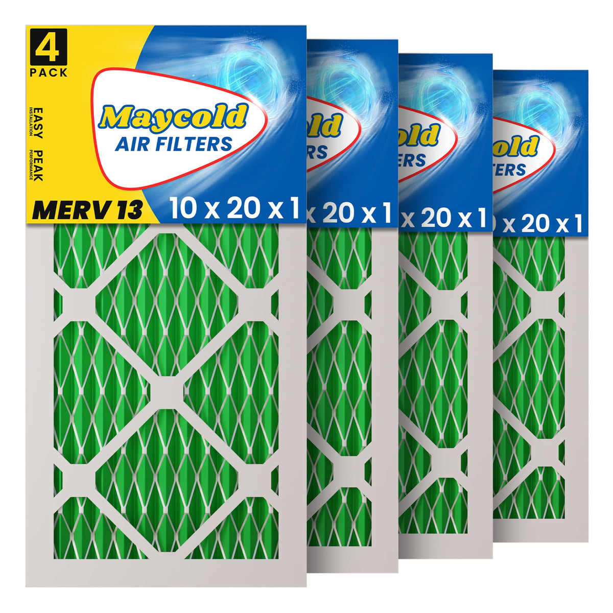 MERV 13 10x20x1 Air Filter (4-Pack), High-Efficiency Pleated AC & Furnace Filters, Actual Size: 9.70” x 19.70” x