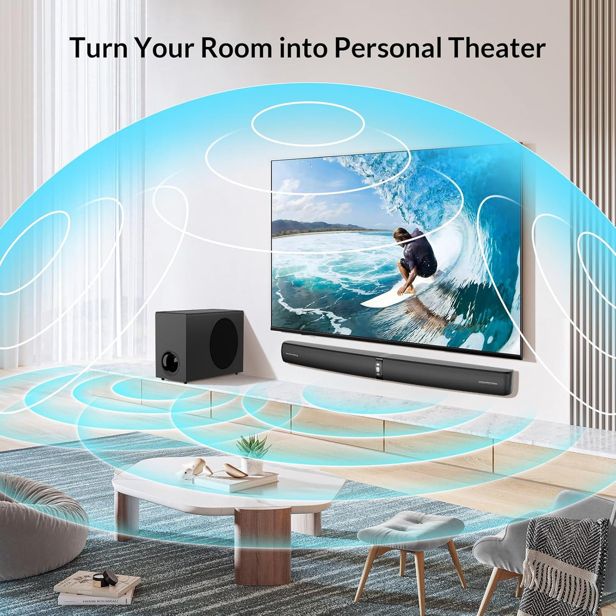 Sound Bar with Subwoofer, 110W Sound Bar for Smart TV with Adjustable Deep Bass & Volume Boost & 3 Equalizer Modes