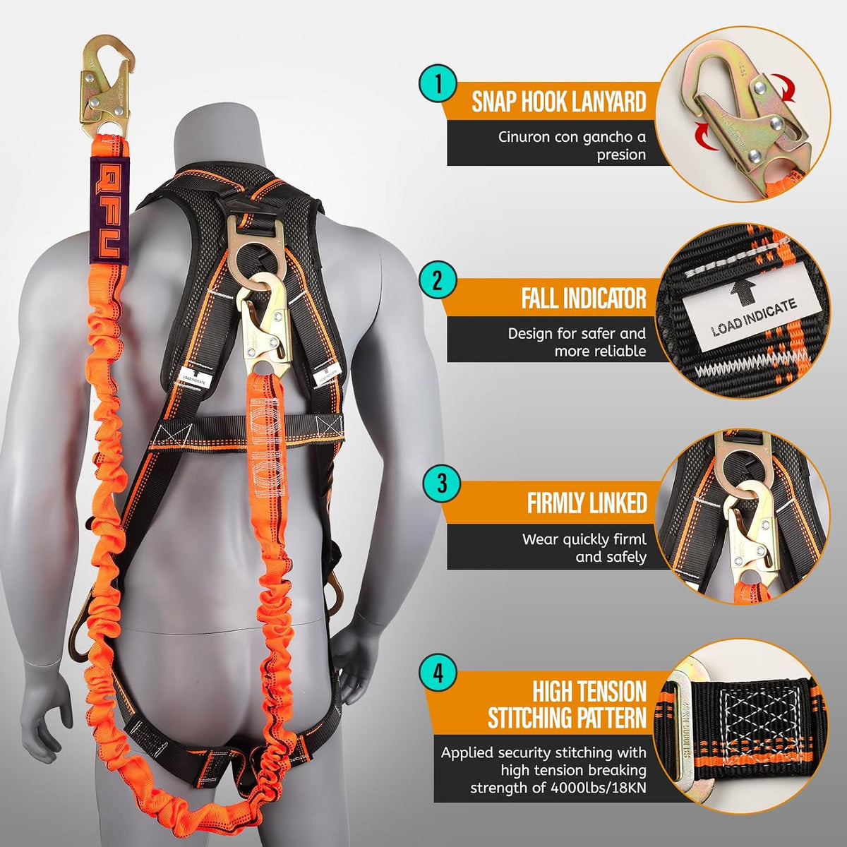 Full Body Safety Harness & Fall Protection Kit with Padded Straps, ANSI Compliant, Includes Shock-Absorbing Lanyard