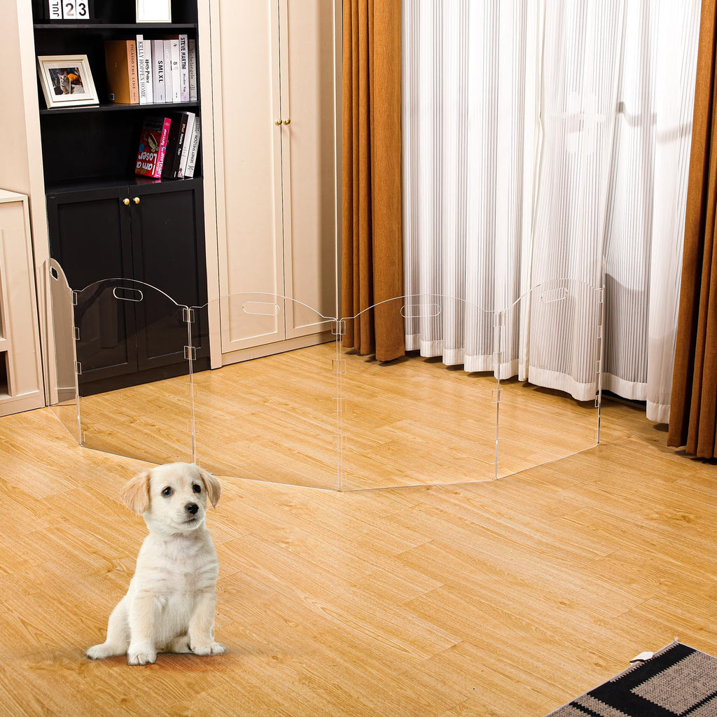 6-Panel Clear Acrylic Freestanding Indoor Pet Barrier Gate with Modern Folding Frame for Wide Doorways, Hallways & Stairs