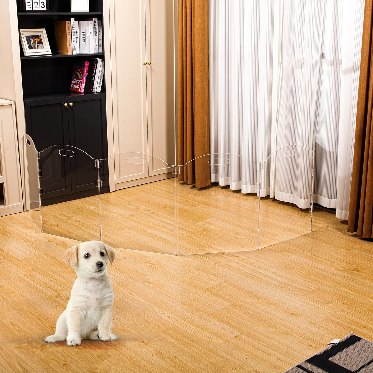 6-Panel Clear Acrylic Freestanding Indoor Pet Barrier Gate with Modern Folding Frame for Wide Doorways, Hallways & Stairs