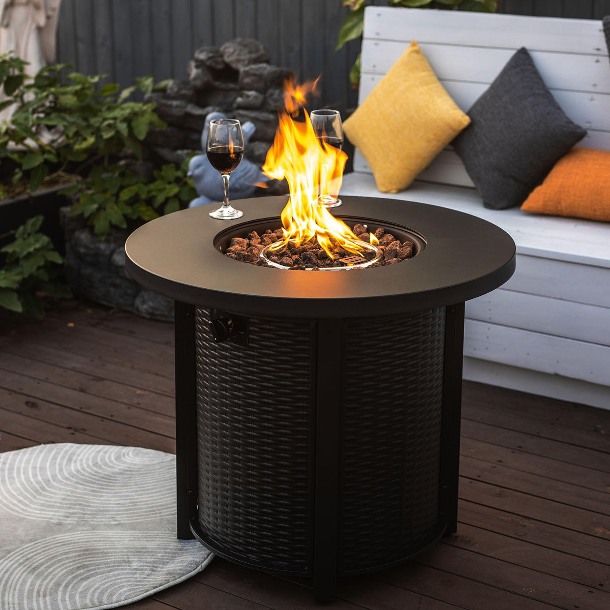 30 Inch Propane Fire Pit Table, Round Outdoor 50000 BTU, Steel, Black