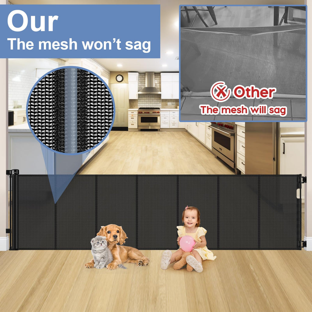 200" 16.7ft Extra-Wide Retractable Indoor/Outdoor Mesh Pet & Child Safety Gate with One-Hand Safety Lock for Wide Openings, Patios & Stairways