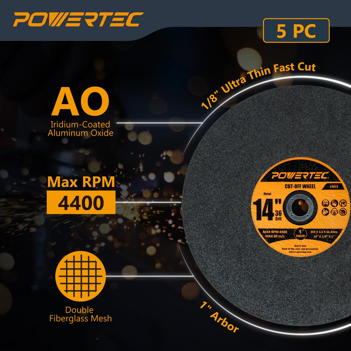 POWERTEC Chop Saw Blade, 14" Metal Cut-Off Wheel, 5 Pack (14022)
