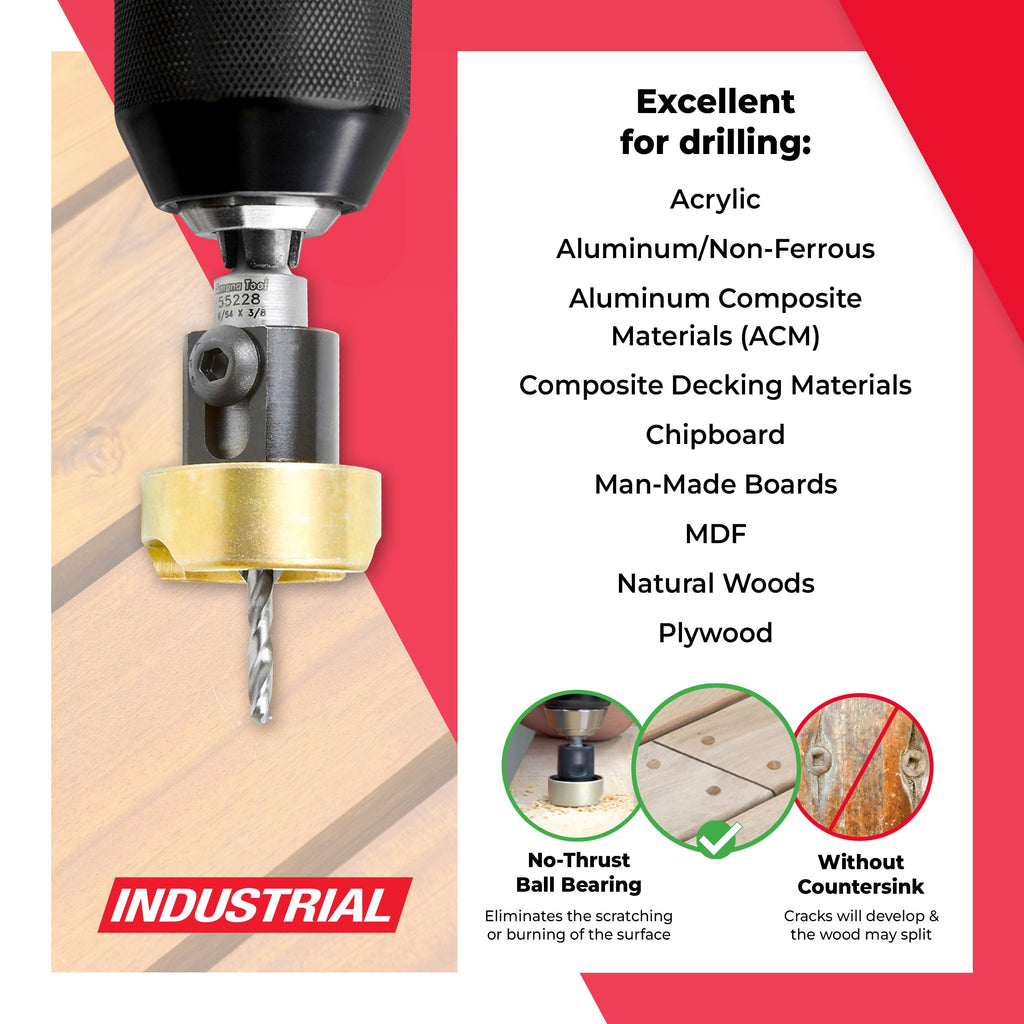 Amana Tool 82 Degree Countersink with Drill Bit Depth Stop and No-Thrust Ball Bearing, 55228, 3/8 D x 9/64 Drill D x 1/4 Inch Quick Release Hex Shank