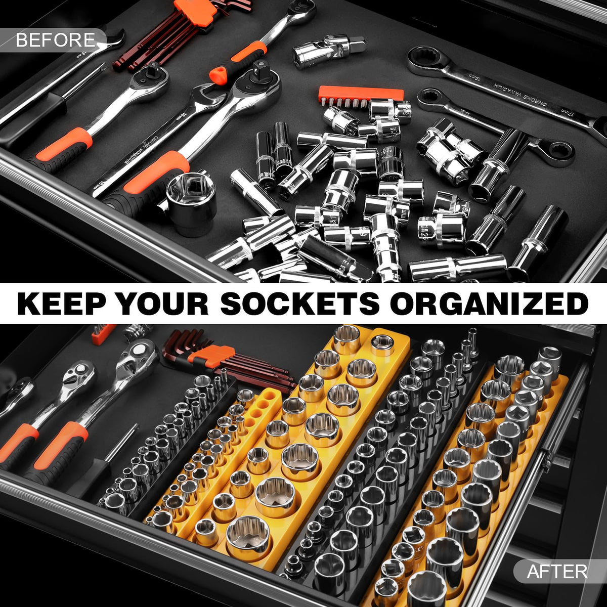 Magnetic Socket Organizer Set, 6PCS 1/4 3/8 1/2 SAE & Metric