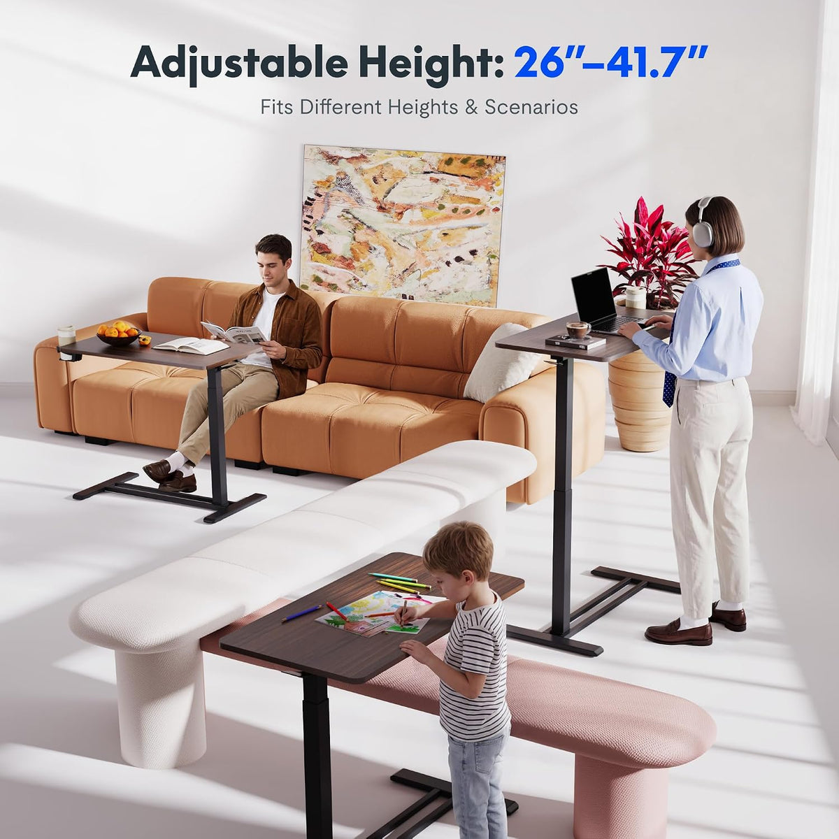 H7 32" Pneumatic Height-Adjustable Overbed Table with Wheels