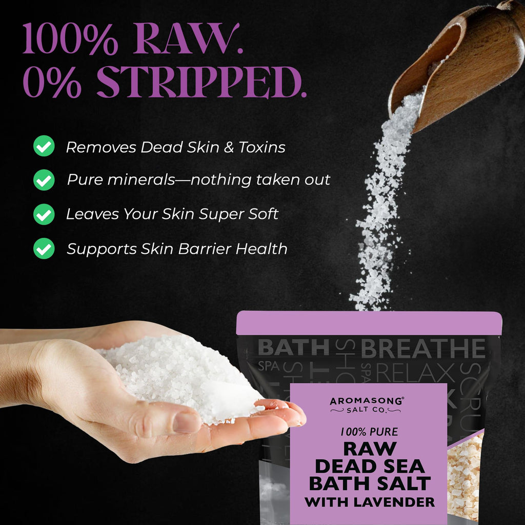 Pure Raw Dead Sea Salt for Soaking with 100% Natural Lavender, 5 LB - Spa Bath Salt Fine Grain - Body Wash Scrub