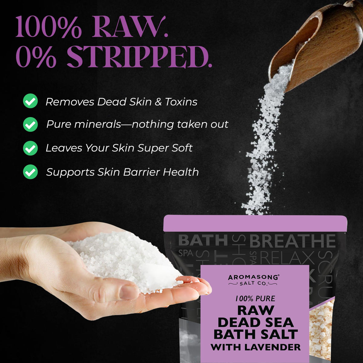 Pure Raw Dead Sea Salt for Soaking with 100% Natural Lavender, 5 LB - Spa Bath Salt Fine Grain - Body Wash Scrub