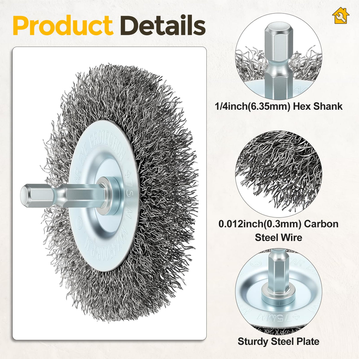 Rebower 6pcs 3in Wire Wheels for Drill with 1/4in Hex Shank, Carbon Steel