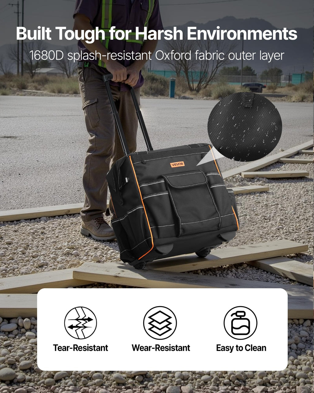 15" Rolling Tool Bag, 110 lbs Load Capacity, 25 Pockets Heavy Duty Roller Tool Bag on Wheels, Adjustable Telescoping
