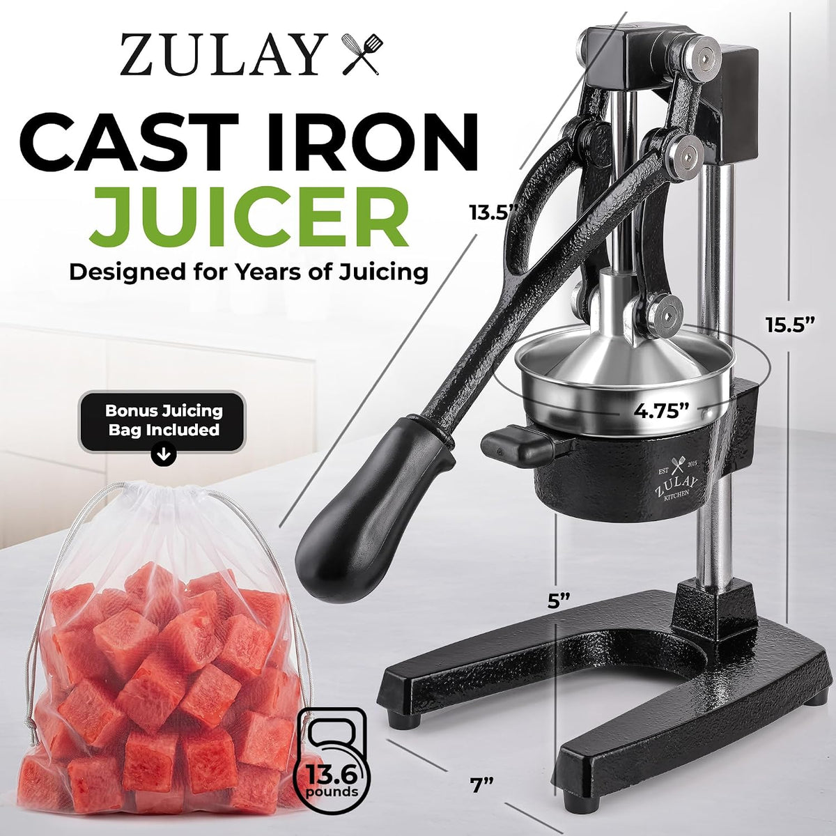 Cast Iron Juicer - Heavy Duty Orange Juicer with Detachable Strainers for Easy Cleaning, Citrus Press for Citrus