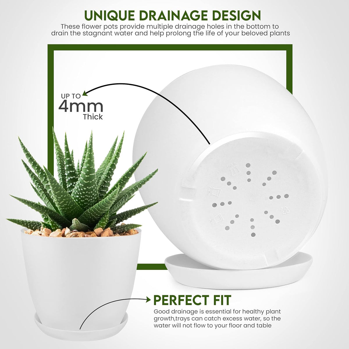 Plant Pots Indoor with Drainage Holes – Set of 5 White Plastic Flower Pots (7/6.6/6/5.3/4.8 Inch) – Modern Planters