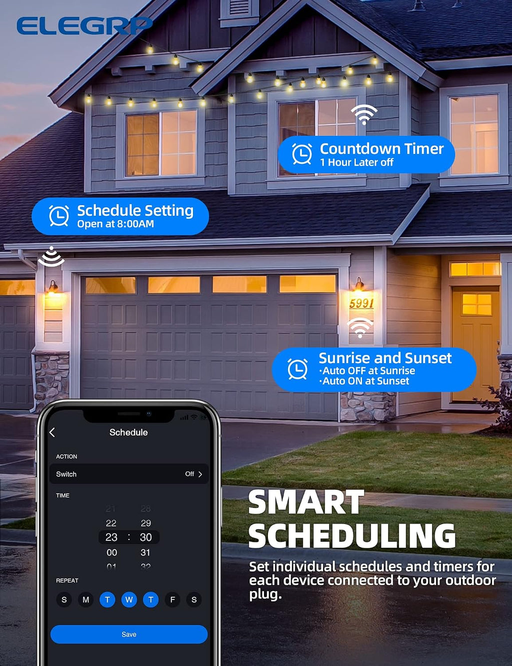 PQR20 Outdoor Smart Plug Waterproof IP66, WiFi Plug with 2 Individually Sockets, Compatible with Alexa & Google