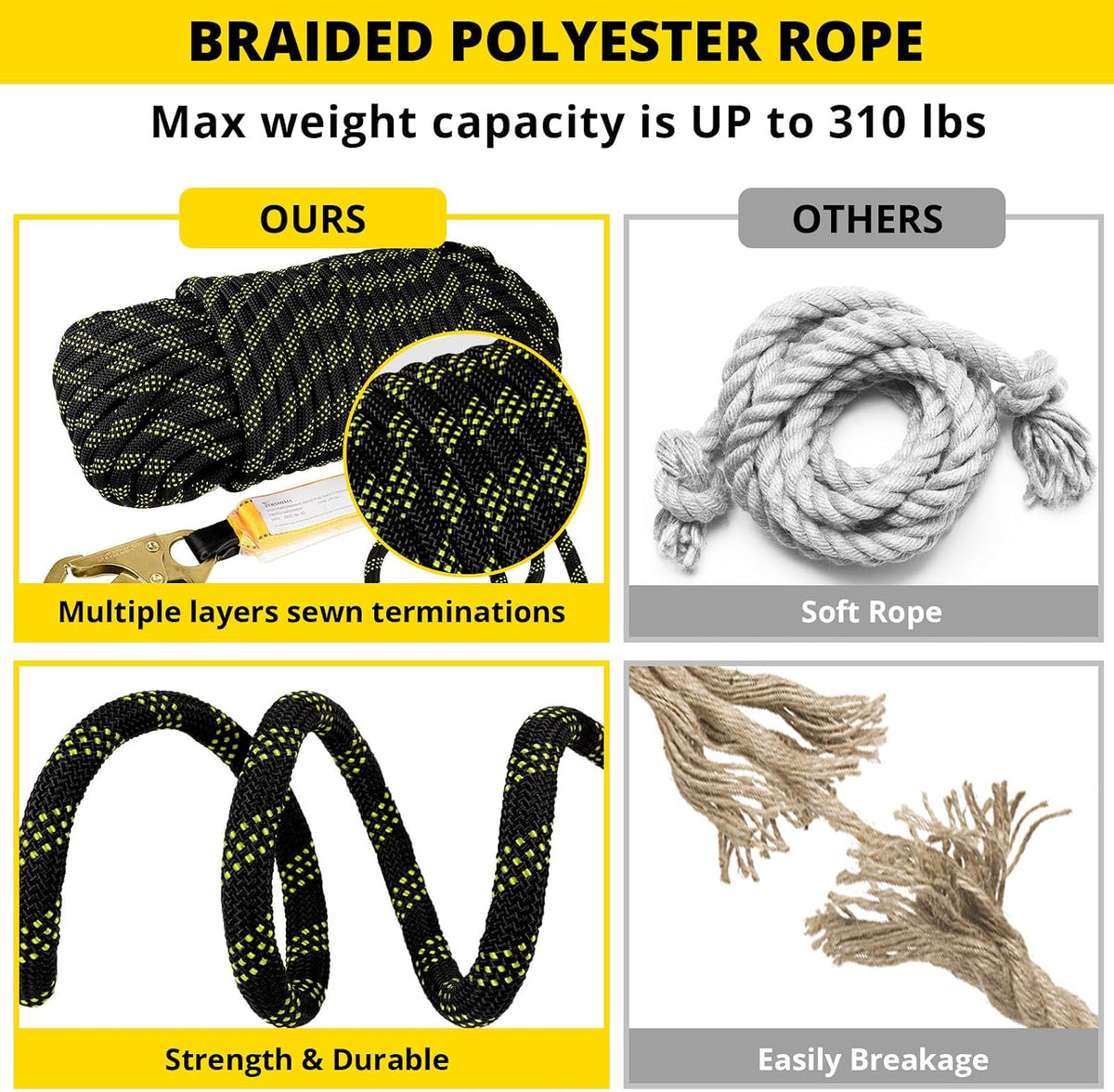 TRSMIMA Rope Harness Safety Lanyard：100ft Roofing Rope Fall Protection
