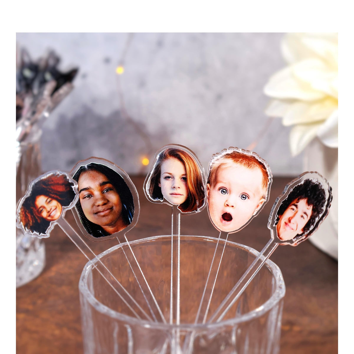 Custom Photo Face Stir Sticks Pack 5-500pcs, Personalized Acrylic Drink Stirrers with Your Photo, Dog, Cat, Logo or