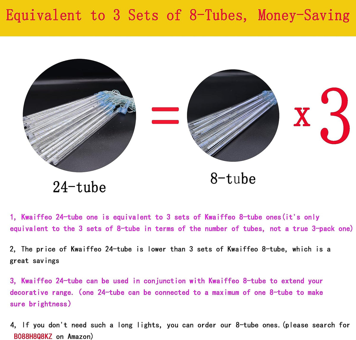 Christmas Lights Outdoor, 24 Tubes Meteor Shower Lights for Xmas Decoration | Equal to 3 Sets of 8-Tubes, Waterproof