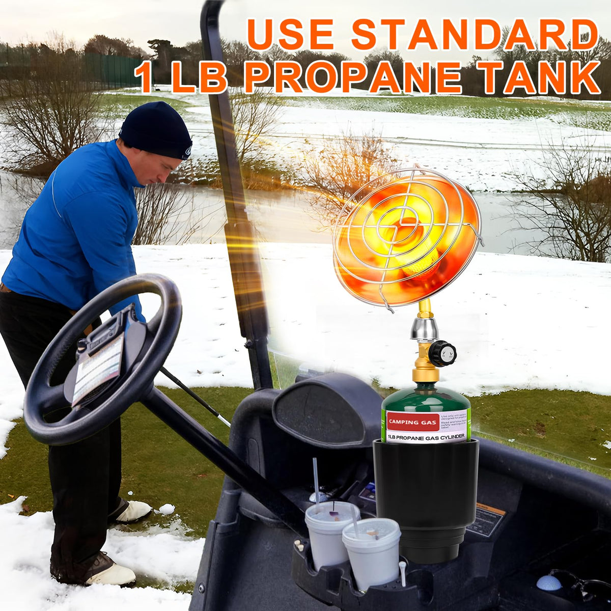 Propane Golf Cart Heater, Outdoor Propane Heater, Golf Cart Accessories, Portable Heaters for Golf Carts with Cup
