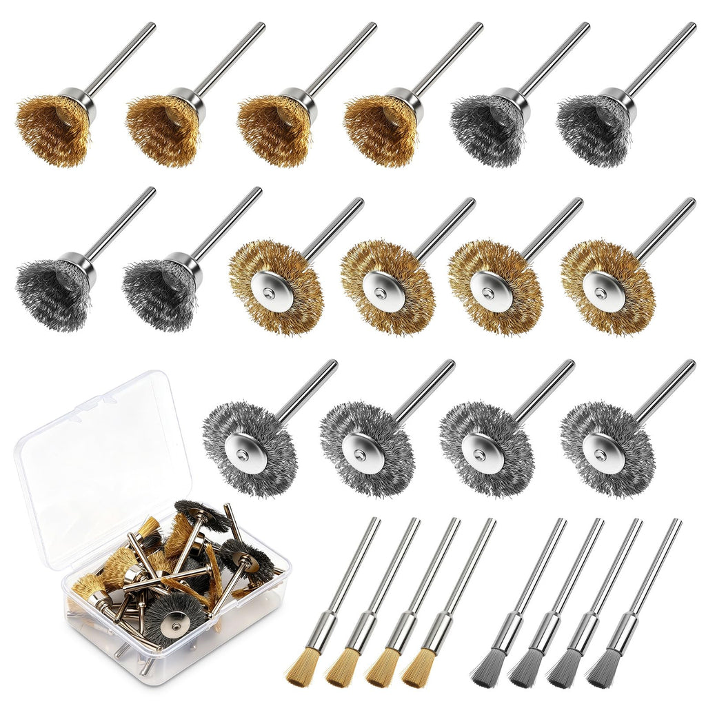 24PCS Wire Brush Polishing Wheel Set for Rotary Tools, 6 Styles Brass & Stainless Steel Wire Polishing Buffing Wheels with 1/8" Mandrel & Storage Case, for Rust Paint Removal Deburring Metal Wood