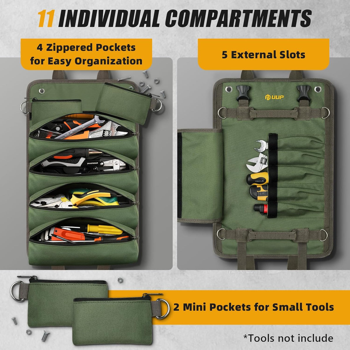 Tool Bag Roll Up, UUP Heavy Duty Portable Soft Tool Storage, Foldable Empty Rollup Organizer with Small Pockets