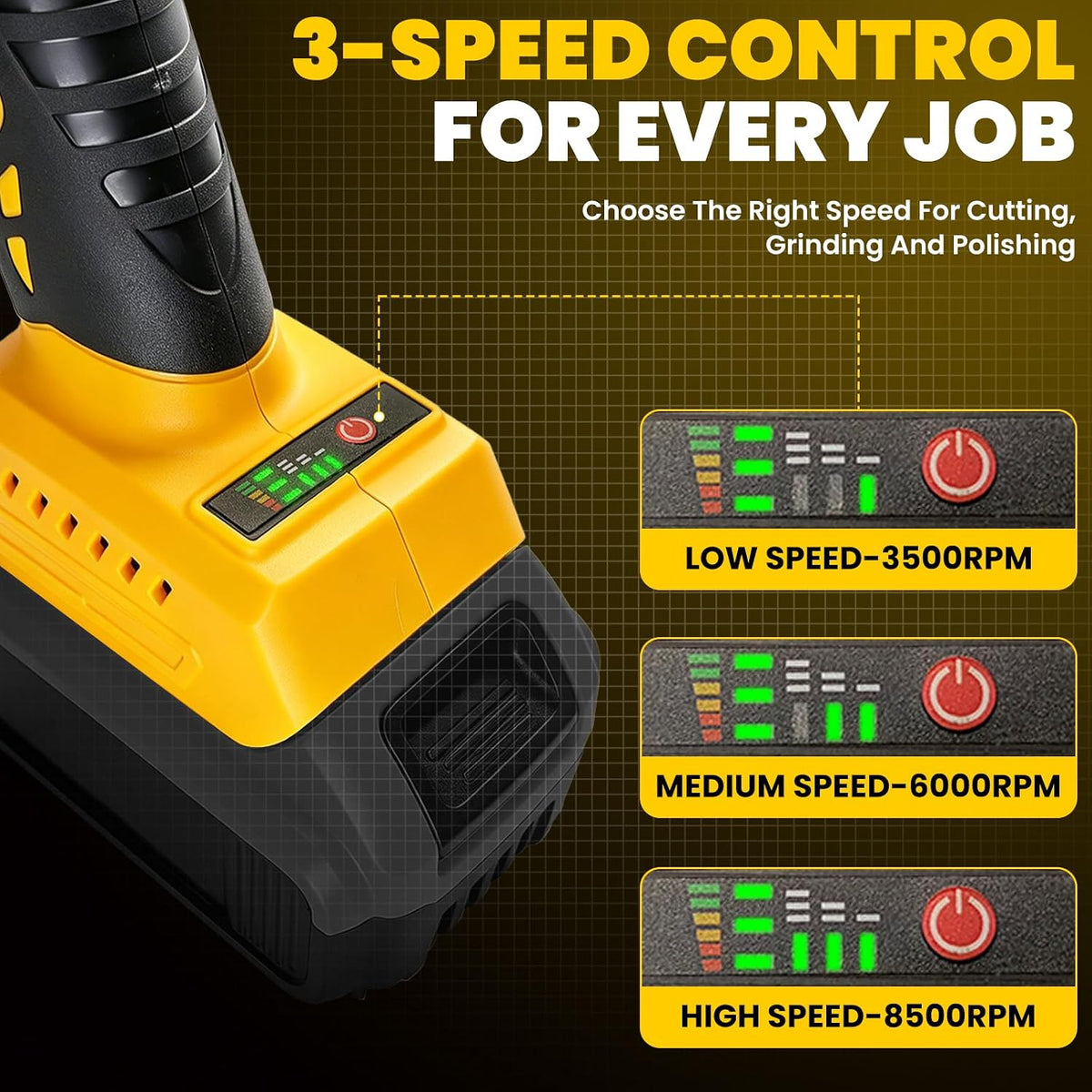 Cordless Angle Grinder Compatible with Dewalt 20V Battery, Brushless 4-1/2 Inch Grinder Tool, 3-Speed Adjustable up