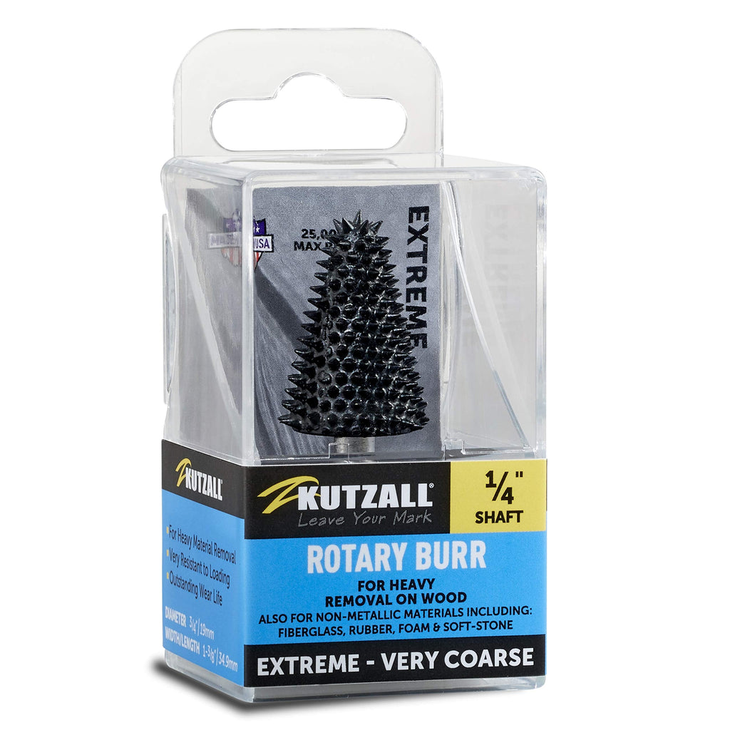 Kutzall Extreme Taper Rotary Burr, 1⁄4" Shaft, Very Coarse - Wood Carving Bit for Bosch, DeWalt, Milwaukee. Abrasive Tungsten Carbide, 3⁄4" (19mm) Dia. X 1-1⁄4" (31.8mm) Length, TX-34C