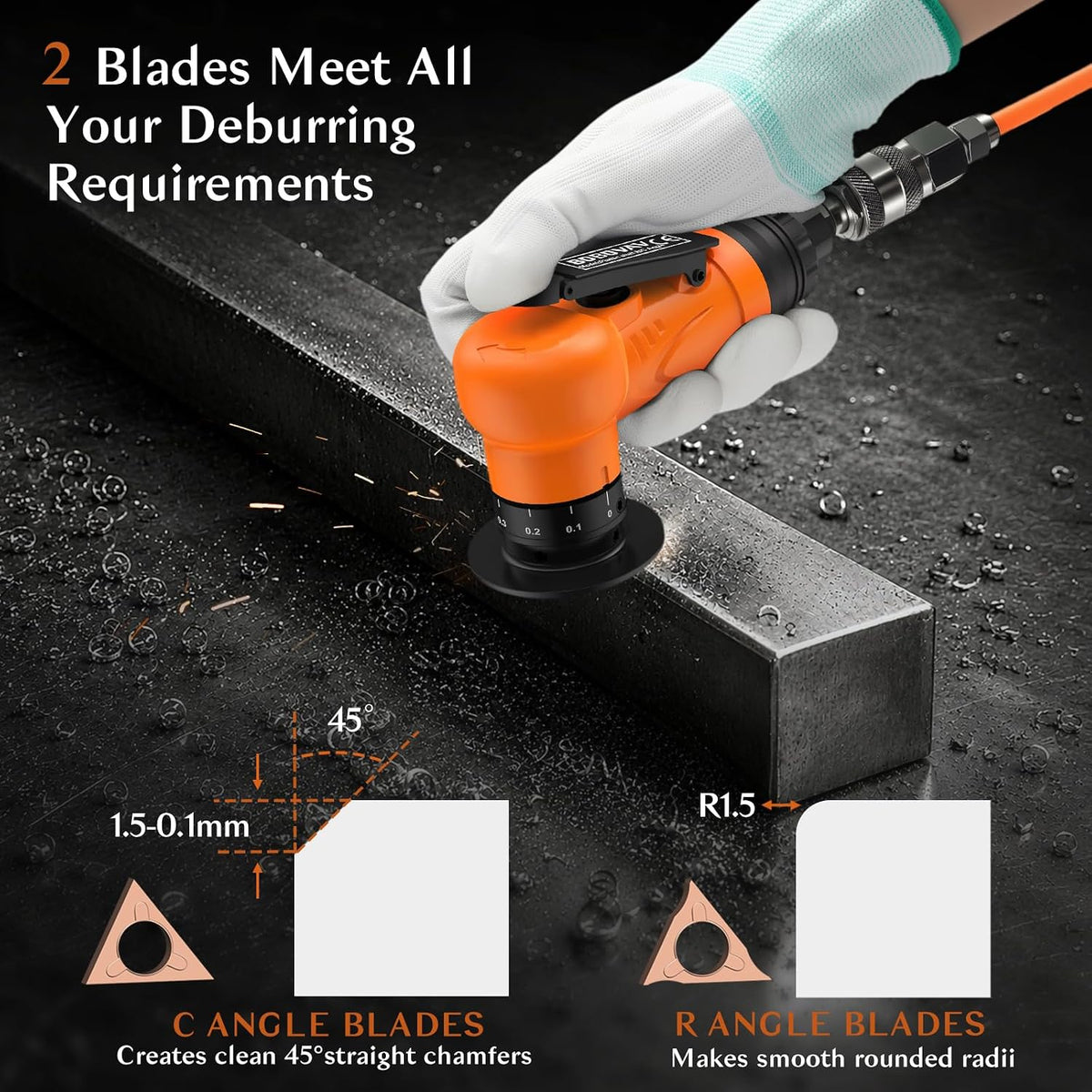 Pneumatic Chamfer Tool, 6 C & 6 R Angle Blades, 30000 RPM- Orange