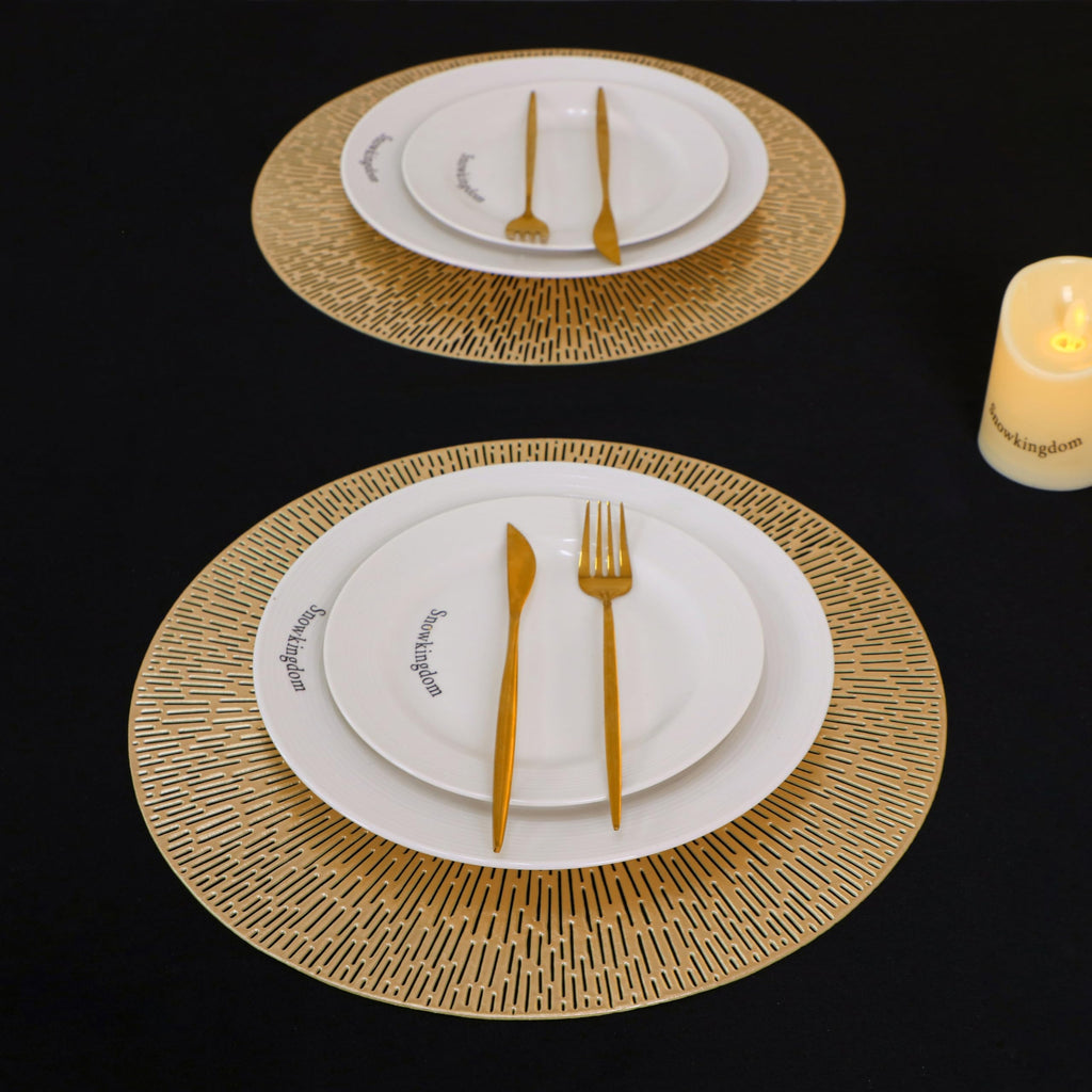 Gold Placemats Set of 18, 15 Inch Round Vinyl Metallic Place mats, Golden Washable Easy Clean Wipeable Non Slip Stain
