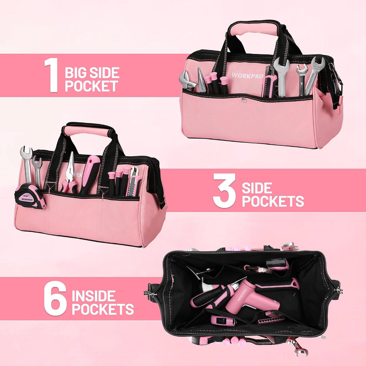 13-Inch Tool Bag, Pink Soft Cloth Tool Storage Bags, Wide Mouth Tool Tote Bag with Inside Pockets - Pink Ribbon
