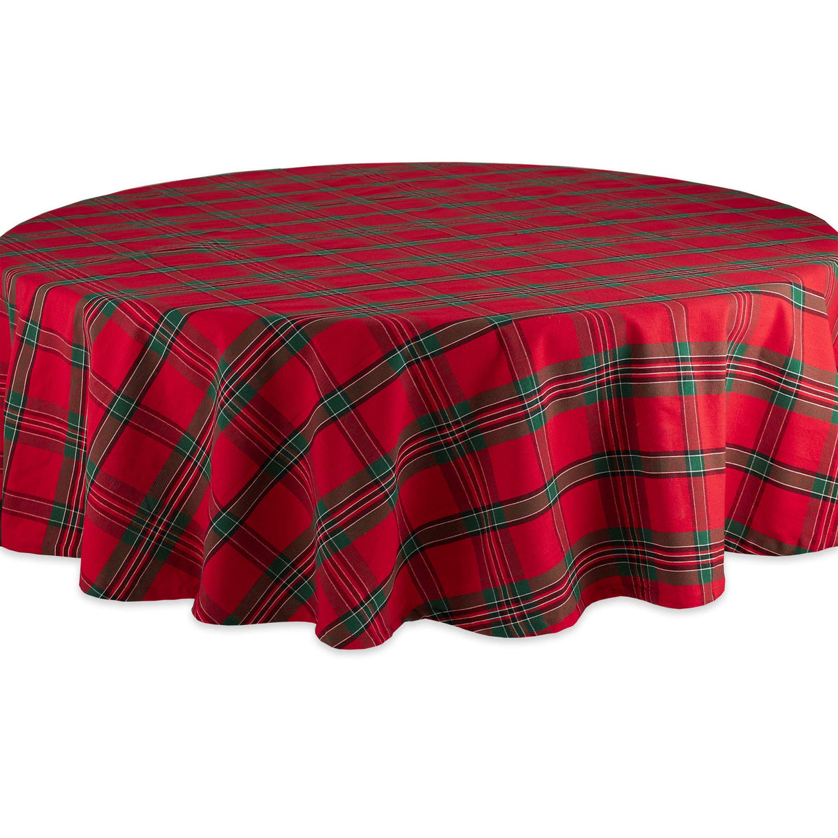 Farmhouse Christmas Plaid Dining Table & Kitchen Décor, Holiday Tablecloth, 70" Round, Red & Green