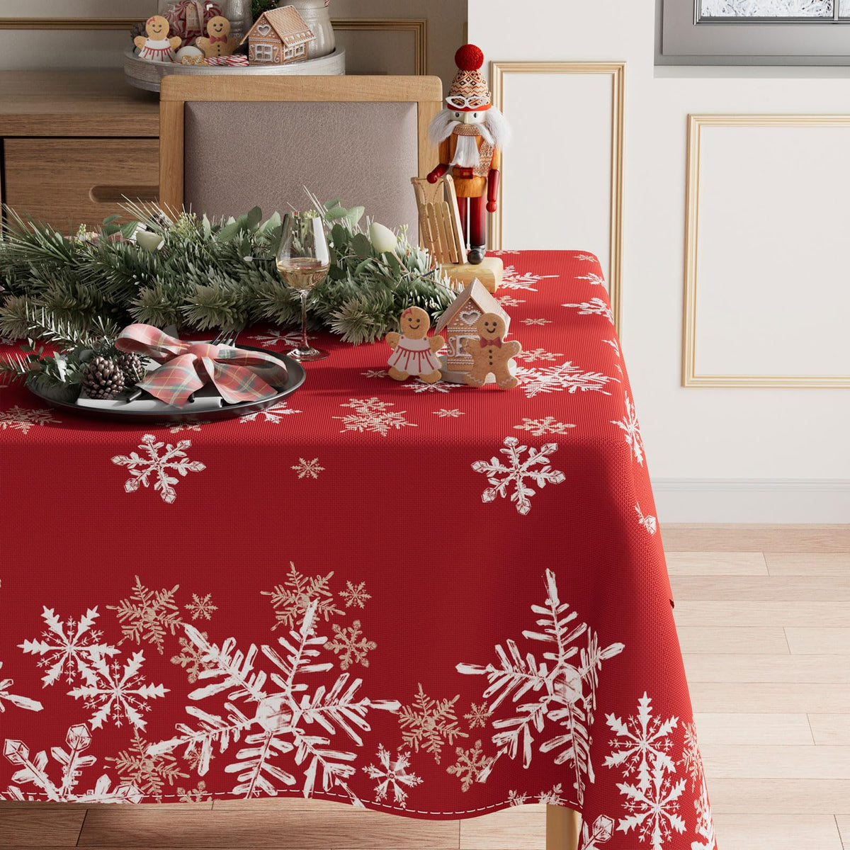 Winter Red Snowflakes Tablecloth Rectangle Christmas Table Cloth Washable Table Covers for Indoor Dining Home Party