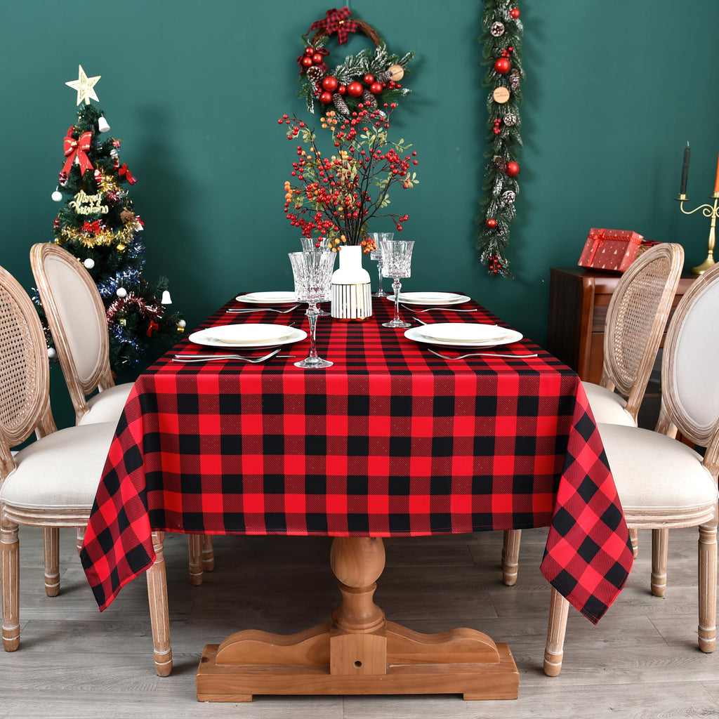 Waterproof Christmas Plaid Tablecloth Fabric - Red Oblong 52x70 Inch Classic Buffalo Tartan Festive Table Cloth for