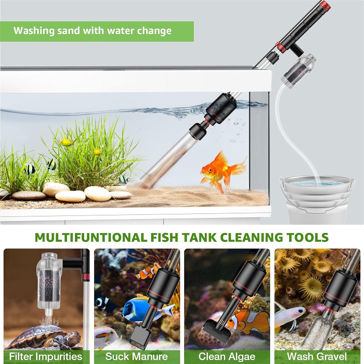 24W Aquarium Vacuum Gravel Cleaner: 8 in 1 Electric Fish Tank Cleaner