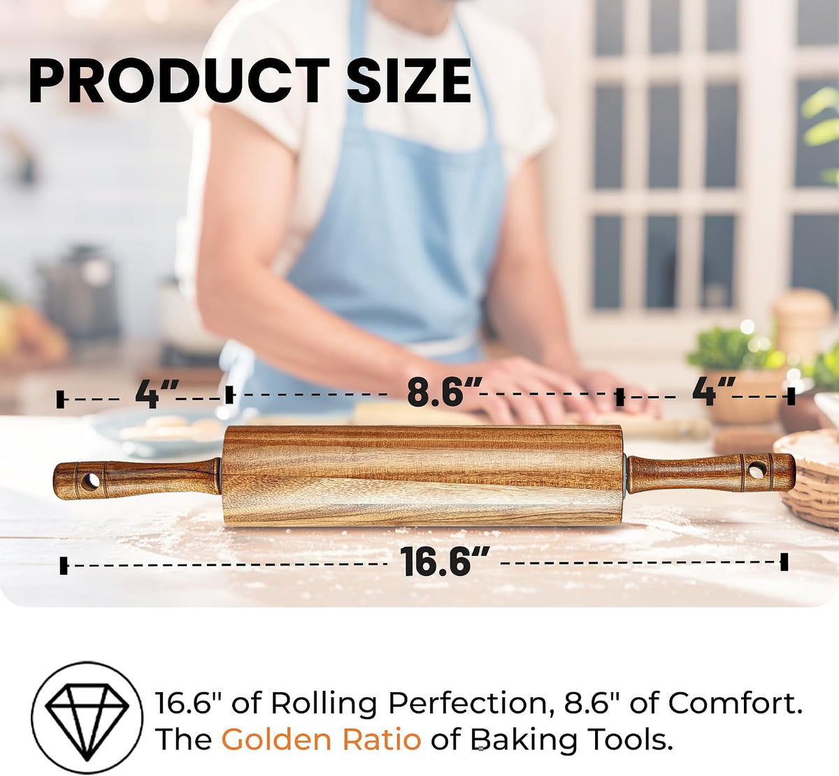 Acacia Wood Rolling Pin for Baking, Kitchen Dough Roller With Handles, Rodillo Para Masa, Rolling Pin for Dough