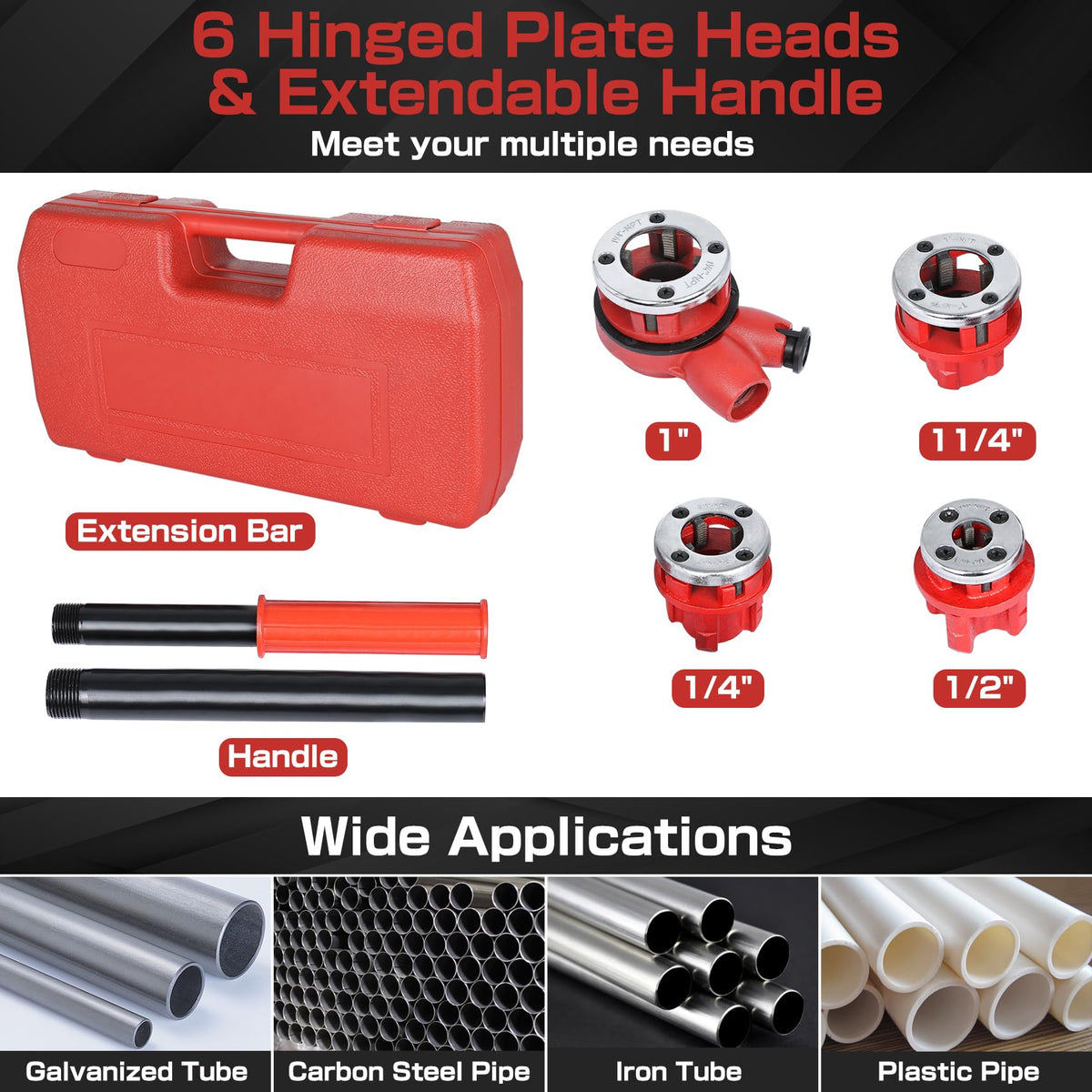 Yaegoo Ratchet Pipe Threader Kit with 4 Dies, 1/2" 3/4" 1" 1-1/4" NPT