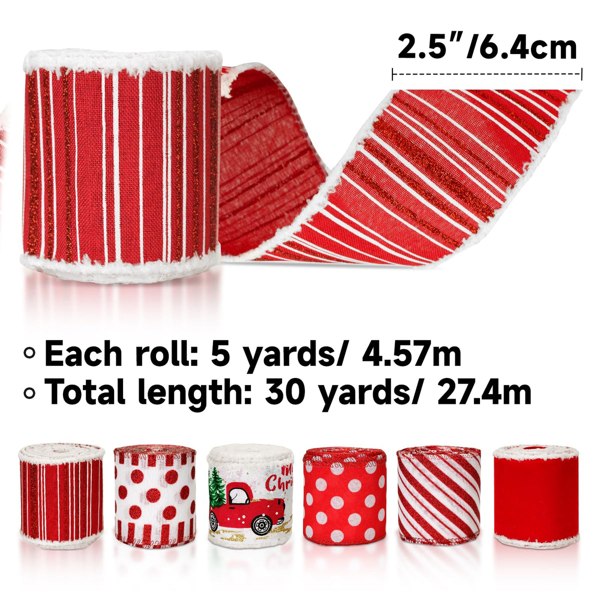 Christmas Ribbon Wired 2.5" x 30 Yards Red and White Ribbon